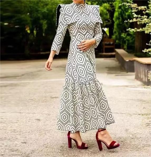 Women's Spring High Grade Elegant Long Sleeve Printing Half Turtleneck Dress
