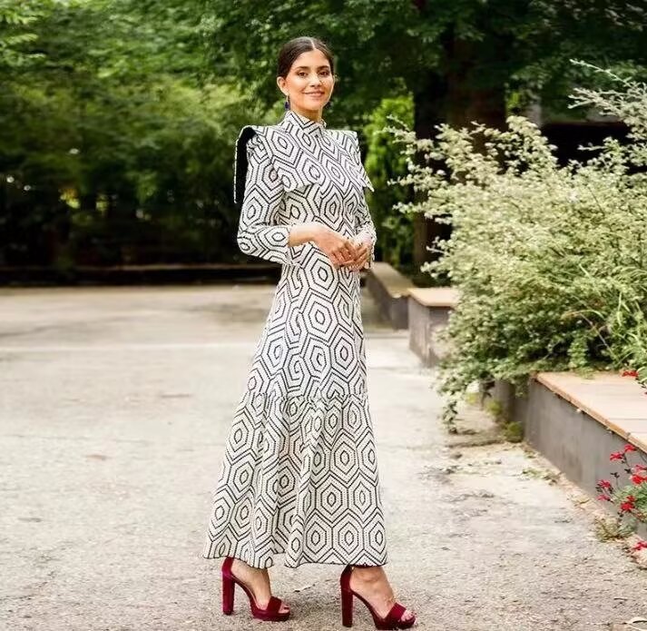 Women's Spring High Grade Elegant Long Sleeve Printing Half Turtleneck Dress
