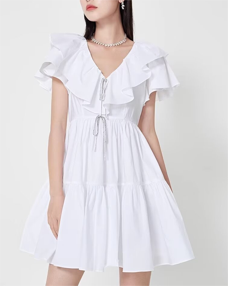 Women's Solid Color V Neck Ruffle Dress