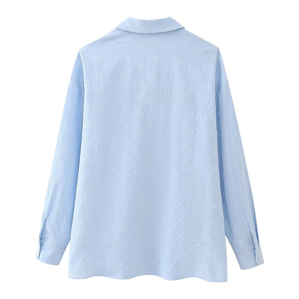 Women's Blue Polo Collar Buckle Bow Shirt Long Sleeve Chic Shirt