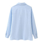 Women's Blue Polo Collar Buckle Bow Shirt Long Sleeve Chic Shirt