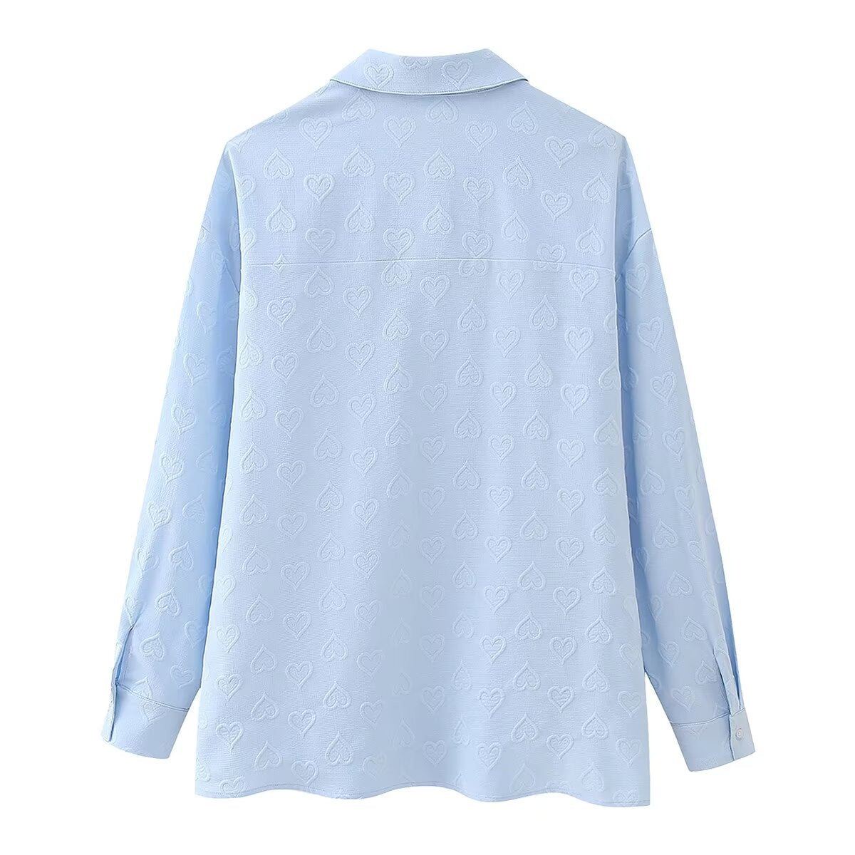 Women's Blue Polo Collar Buckle Bow Shirt Long Sleeve Chic Shirt