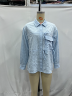 Women's Blue Polo Collar Buckle Bow Shirt Long Sleeve Chic Shirt