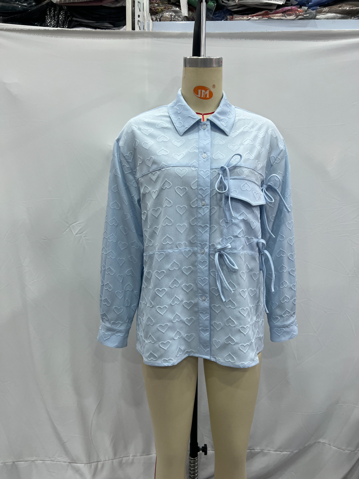 Women's Blue Polo Collar Buckle Bow Shirt Long Sleeve Chic Shirt