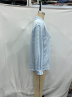 Women's Blue Polo Collar Buckle Bow Shirt Long Sleeve Chic Shirt