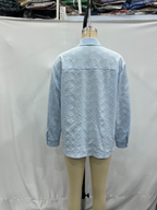Women's Blue Polo Collar Buckle Bow Shirt Long Sleeve Chic Shirt