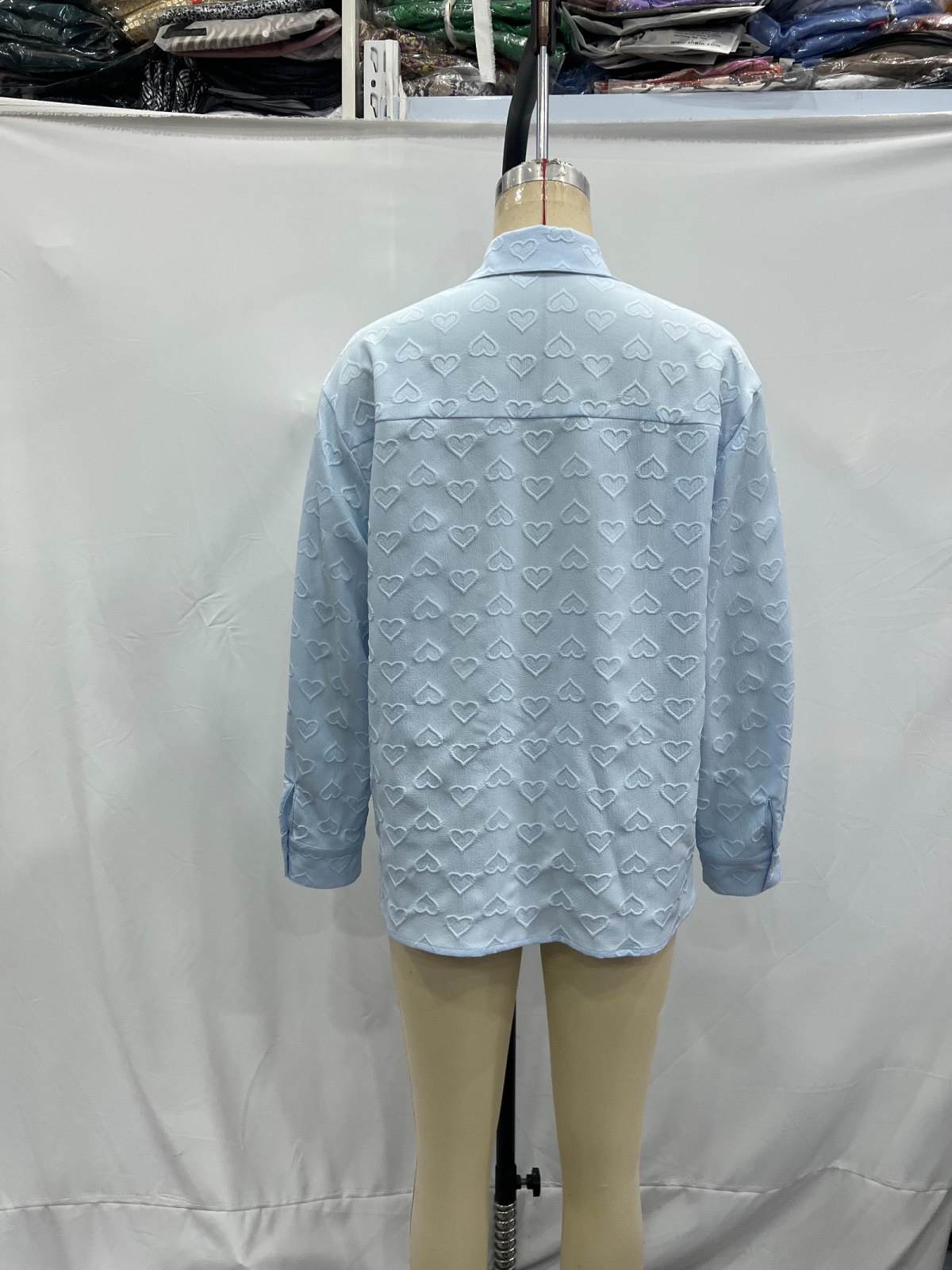 Women's Blue Polo Collar Buckle Bow Shirt Long Sleeve Chic Shirt