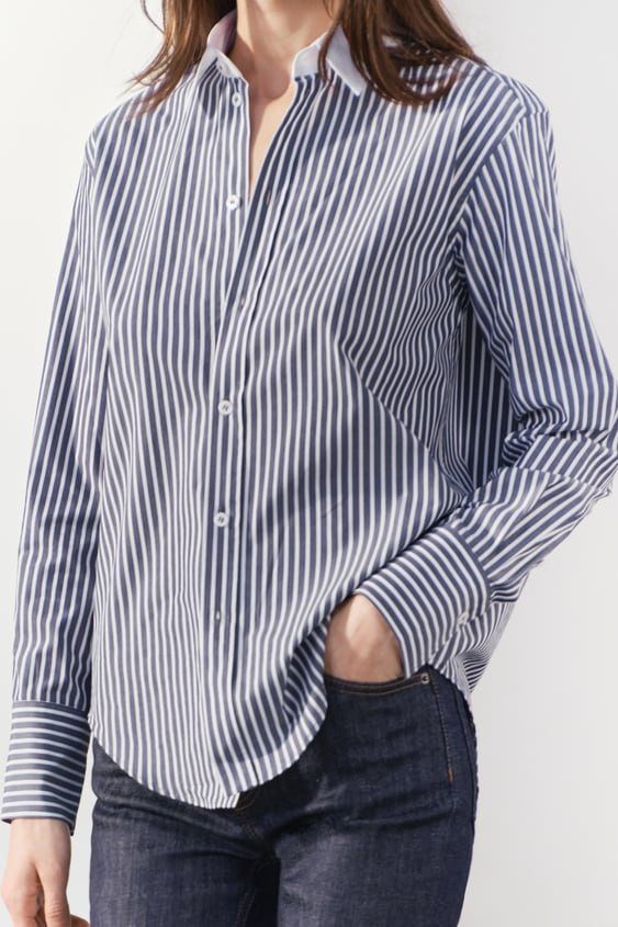 Women's Loose Long Sleeves Contrast Color Neckline Poplin Shirt