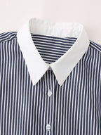 Women's Loose Long Sleeves Contrast Color Neckline Poplin Shirt