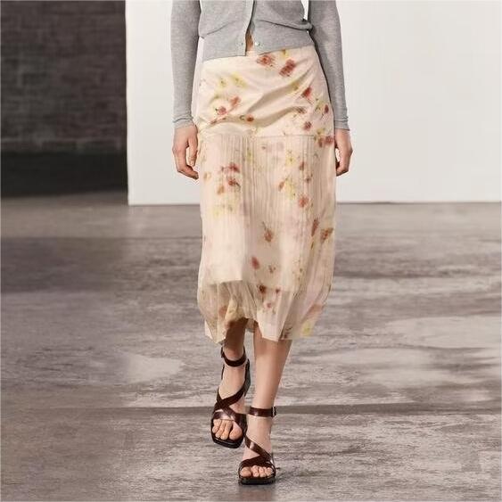 Slim High Waist Transparent Floral Print Midi Dress