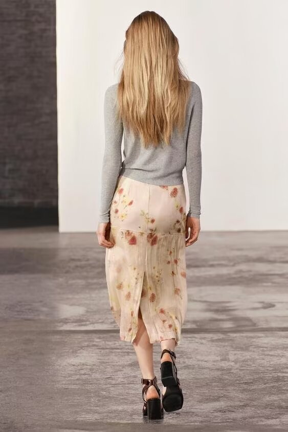Slim High Waist Transparent Floral Print Midi Dress