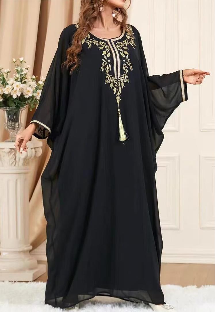 Black Embroidery Plus Size Dress Popular Long-Sleeve Batwing Shirt