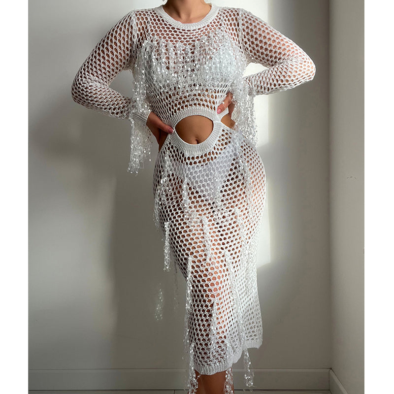 Hollow-out one-piece swimwear in white mesh with long sleeves and cutout waist panel