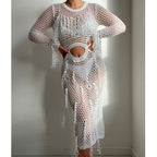 Hollow-out one-piece swimwear in white mesh with long sleeves and cutout waist panel