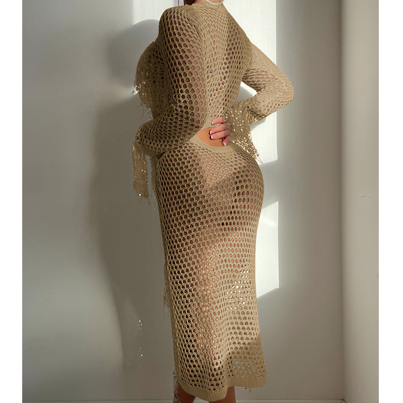 Hollow-out one-piece swimwear in gold mesh with long sleeves and cutout waist panel