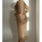 Hollow-out one-piece swimwear in gold mesh with long sleeves and cutout waist panel