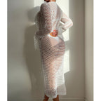 Hollow-out one-piece swimwear in white mesh with long sleeves and cutout waist panel