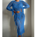 Hollow-out one-piece swimwear in blue mesh with long sleeves and cutout waist panel