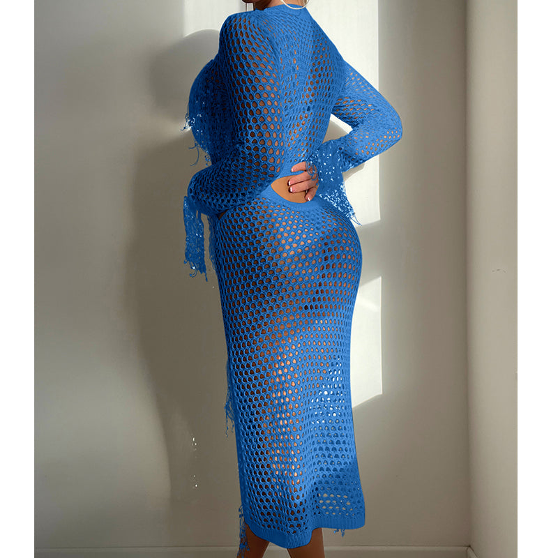 Hollow-out one-piece swimwear in blue mesh with long sleeves and circular cutout detail