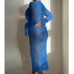 Hollow-out one-piece swimwear in blue mesh with long sleeves and circular cutout detail
