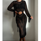 Hollow-out one-piece swimwear in black mesh with long sleeves and waist cutout panel