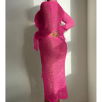 Hollow-out one-piece mesh swimwear, long sleeves, high-leg fringe, fuchsia pink