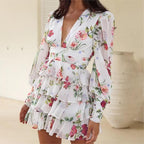 Spring Creative Fresh V-Neck Printed Chiffon Layered Tiered Dress