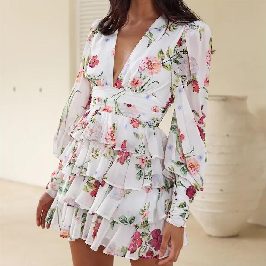 Spring Creative Fresh V-Neck Printed Chiffon Layered Tiered Dress