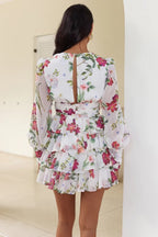 Spring Creative Fresh V-Neck Printed Chiffon Layered Tiered Dress