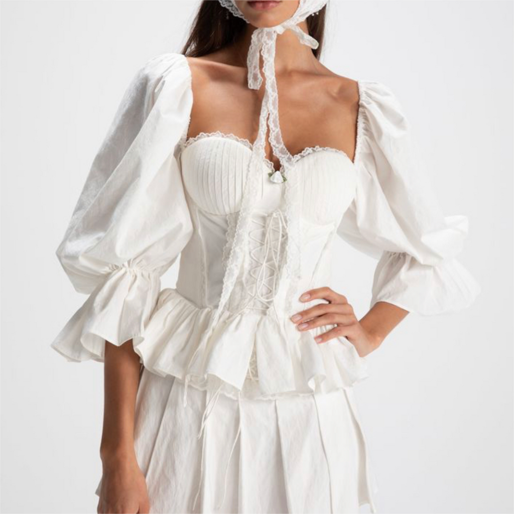 Ruffled Square Neck Lace-Up Puff Sleeve Top