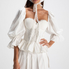 Ruffled Square Neck Lace-Up Puff Sleeve Top