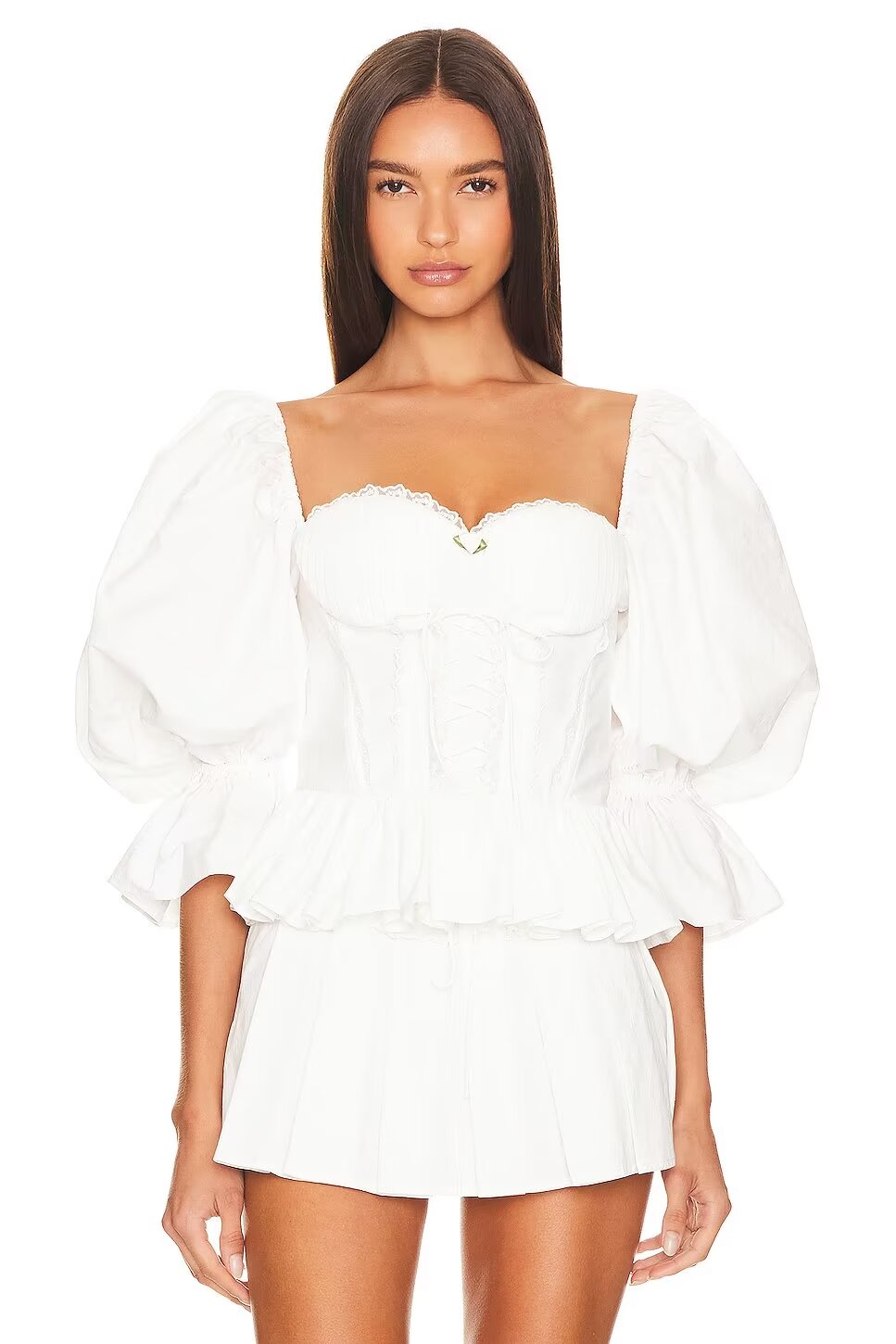 Ruffled Square Neck Lace-Up Puff Sleeve Top