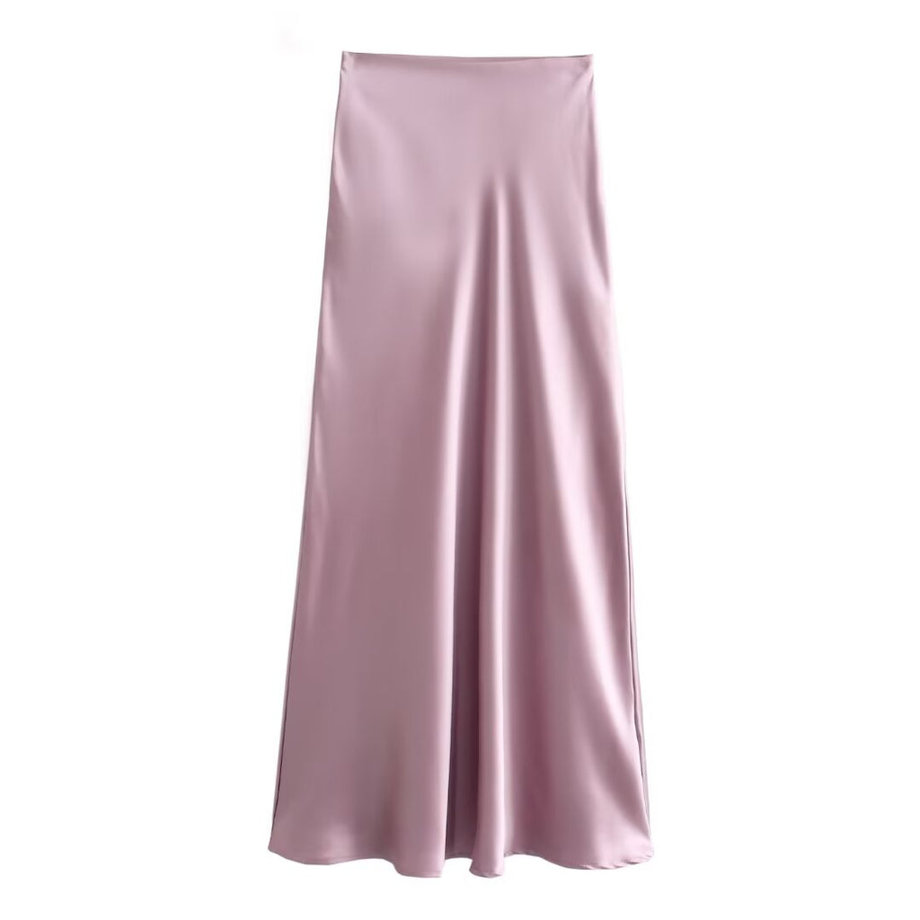Solid Color Long Leg Fine Acetate Satin Elastic Waist Skirt