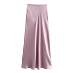 Solid Color Long Leg Fine Acetate Satin Elastic Waist Skirt