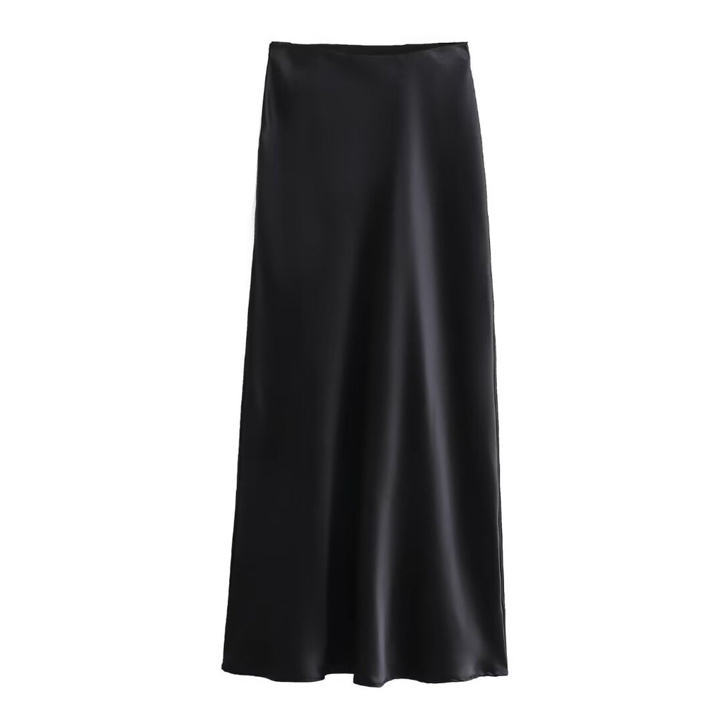 Solid Color Long Leg Fine Acetate Satin Elastic Waist Skirt