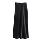Solid Color Long Leg Fine Acetate Satin Elastic Waist Skirt