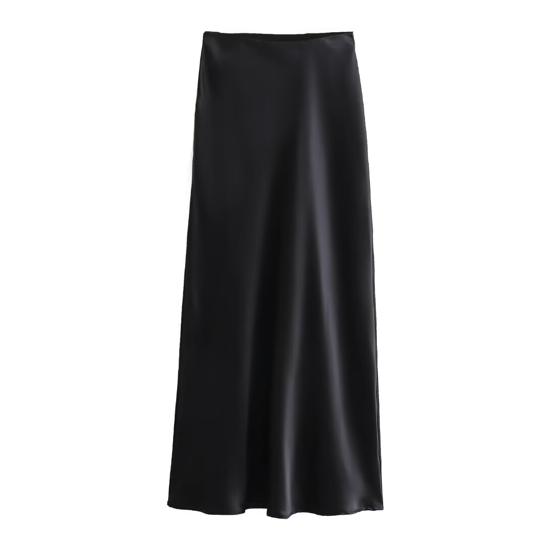 Solid Color Long Leg Fine Acetate Satin Elastic Waist Skirt