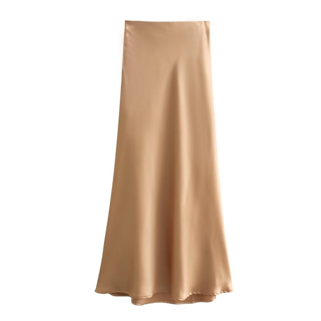 Solid Color Long Leg Fine Acetate Satin Elastic Waist Skirt