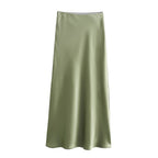Solid Color Long Leg Fine Acetate Satin Elastic Waist Skirt