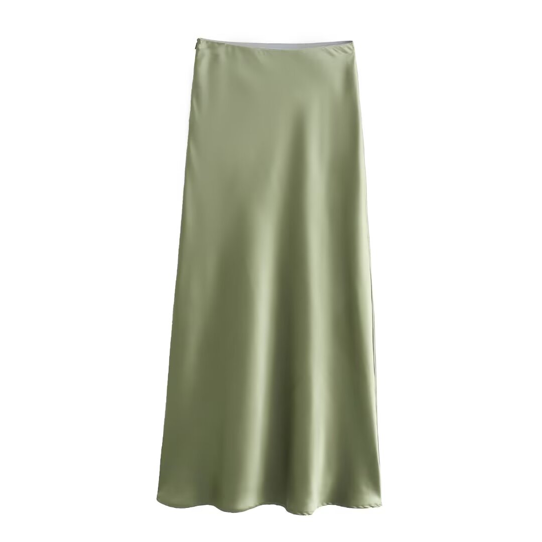 Solid Color Long Leg Fine Acetate Satin Elastic Waist Skirt