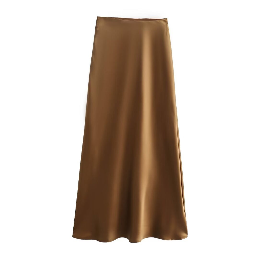 Solid Color Long Leg Fine Acetate Satin Elastic Waist Skirt
