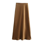 Solid Color Long Leg Fine Acetate Satin Elastic Waist Skirt
