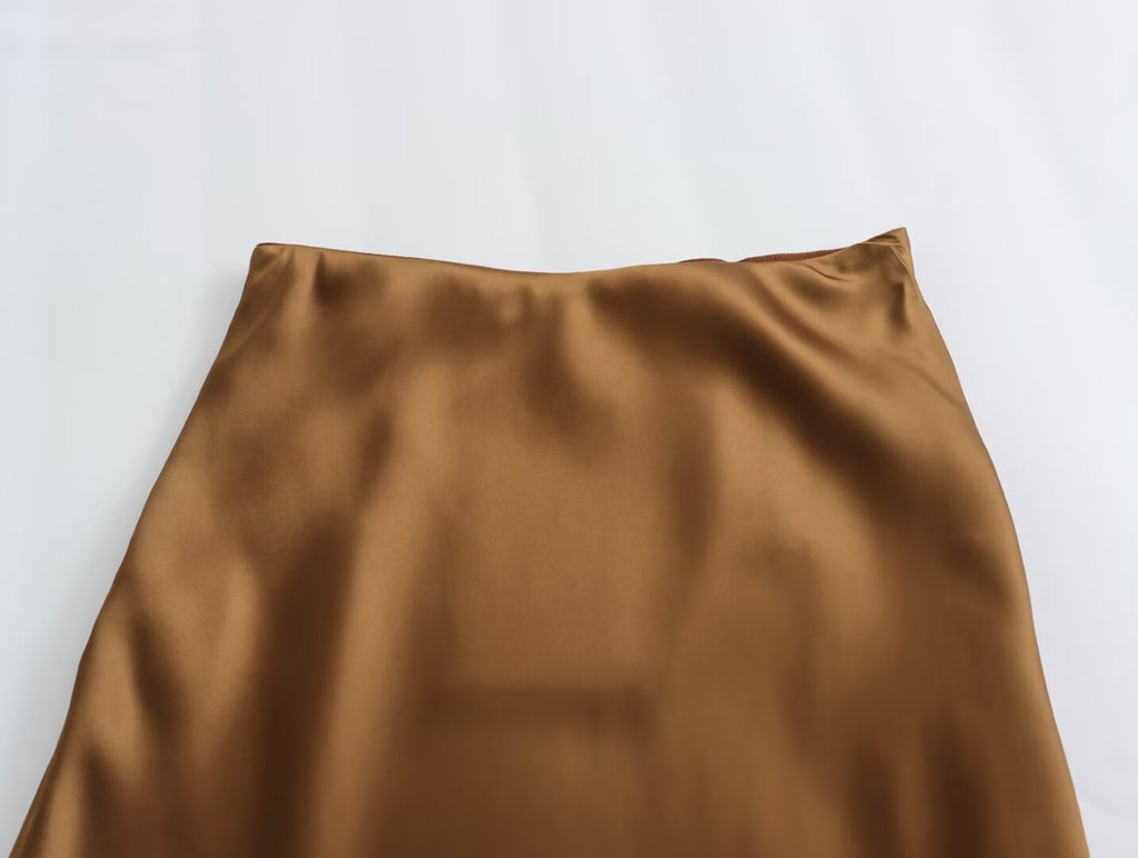 Solid Color Long Leg Fine Acetate Satin Elastic Waist Skirt