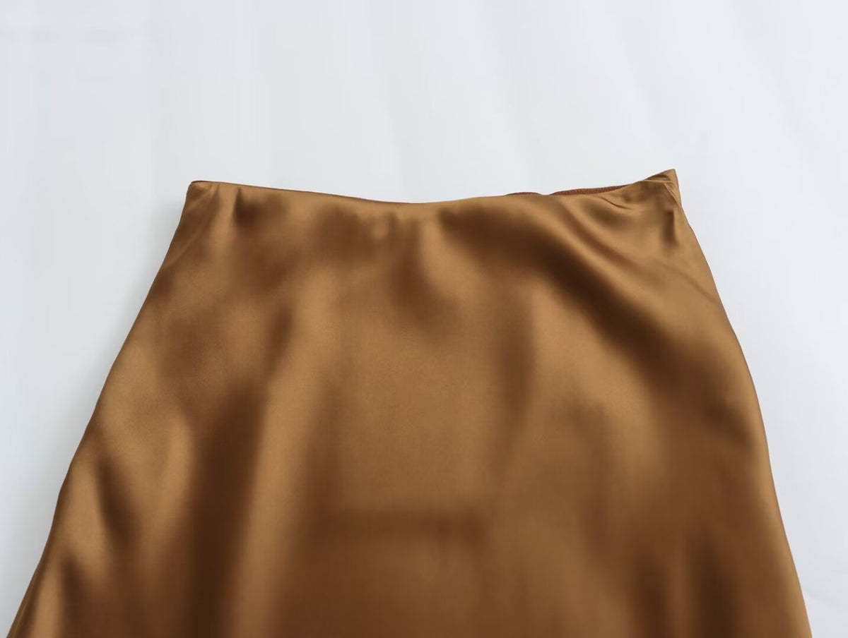 Solid Color Long Leg Fine Acetate Satin Elastic Waist Skirt