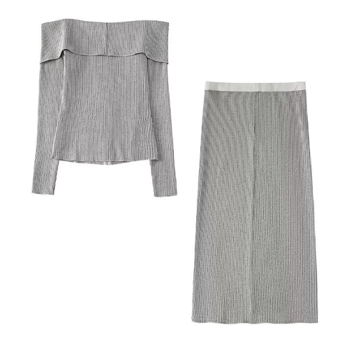Spring Women Clothing Fashionable Knitted off the Shoulder Top Skirt Set