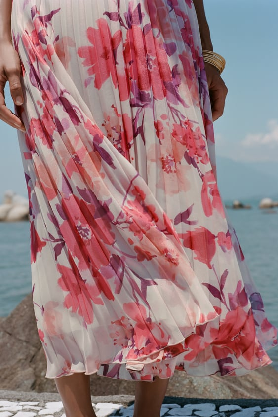 Women's Spring Floral Print Small Pleated Midi Skirt