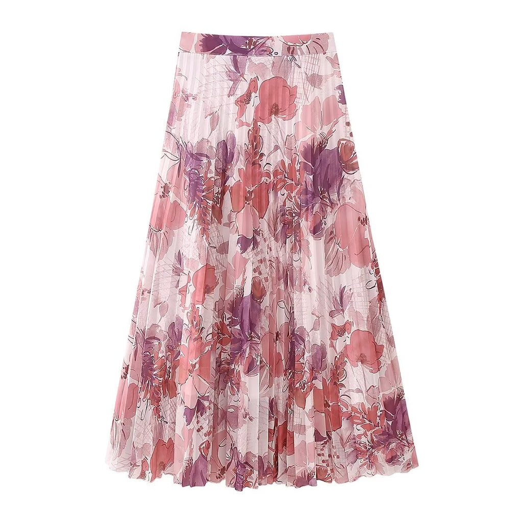 Women's Spring Floral Print Small Pleated Midi Skirt