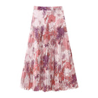 Women's Spring Floral Print Small Pleated Midi Skirt