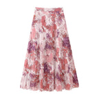 Women's Spring Floral Print Small Pleated Midi Skirt