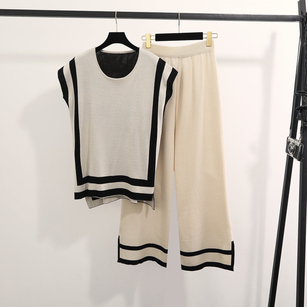 New Fashion Simple Stitching Loose Shawl Sleeve Sweater Top High-Waisted Slimming Wide Leg Pants Two-Piece Set For